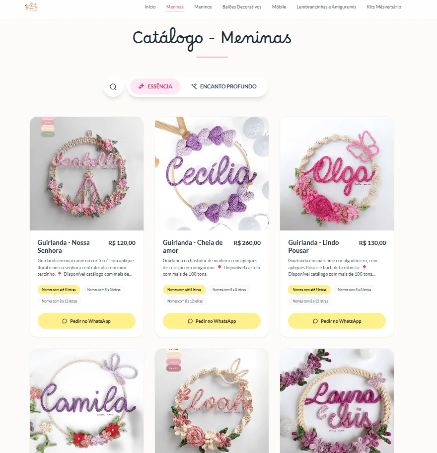 Catálogo de produtos do site do Ateliê Velha Manna