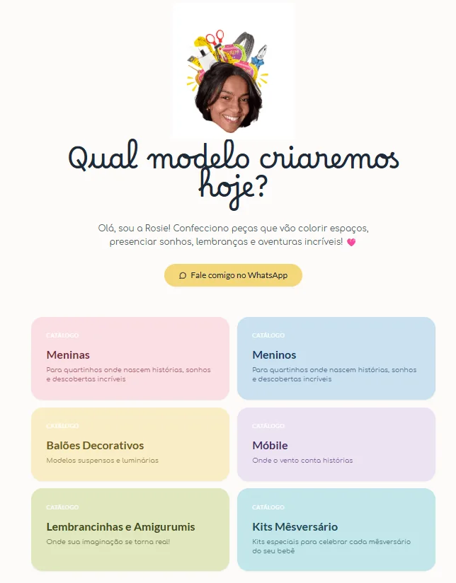 Página inicial do site do Ateliê Velha Manna, com o catálogo dividido em seis categorias